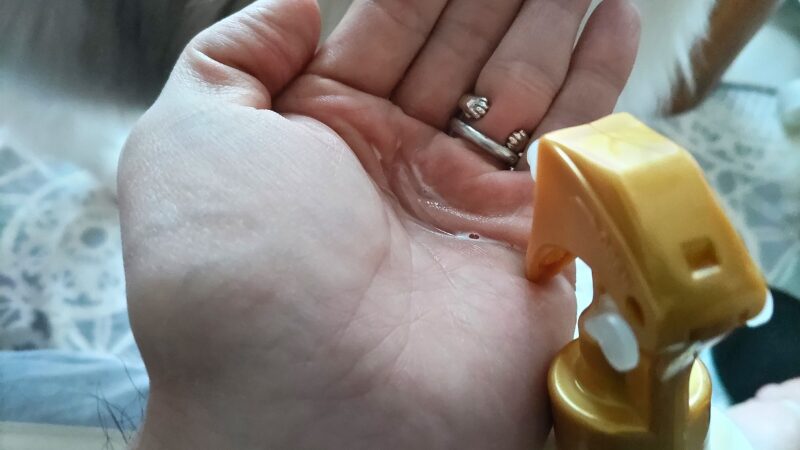 ブラッシングスプレーを手の平にためている様子