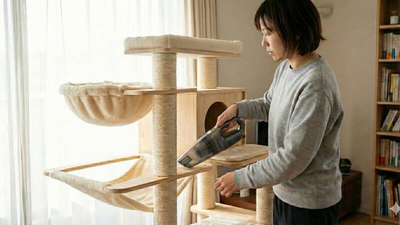 140cmの高さのキャットタワーを掃除しているイメージ画像