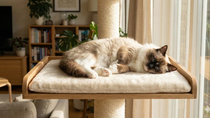 幅50cm以上の広いキャットタワーでリラックスするラグドール。