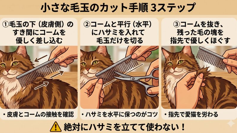 メインクーンの小さな毛玉をハサミで安全にカットする3ステップの手順を示したインフォグラフィック図解。コームを皮膚とのすき間に差し込みハサミを水平に入れて切る様子と、ハサミを立てて使わない警告を中央に配置して安全性を説明するための画像