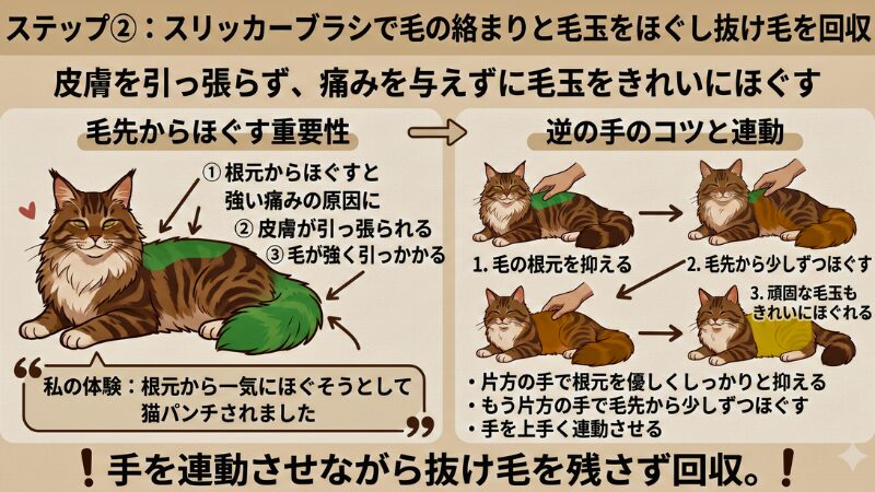 メインクーンの毛玉をスリッカーブラシで毛先からほぐす手順を示したインフォグラフィック図解。片方の手で毛の根元を優しく抑え、皮膚を引っ張らずに安全に抜け毛を回収するコツを説明するための画像