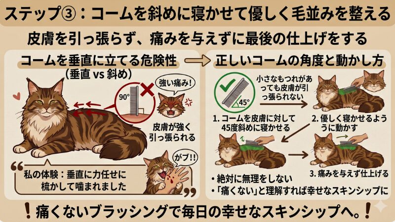 メインクーンのコーム仕上げにおける正しい角度（45度斜め）と危険な角度（垂直）を対比したインフォグラフィック図解。皮膚が引っ張られる強い痛みや噛まれるリスクを防ぎ、安全に優しいケアをするためのコツを視覚的に説明する画像
