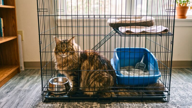 体長（胸からお尻まで）が50cmを超えるメインクーンにとって、2段のケージは狭いと感じ長時間の留守番にストレスを感じるイメージ画像