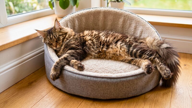 大きめのオープン型ベッドの上で体をいっぱいに伸ばして眠るメインクーンの成猫の様子。内寸50cm以上のサイズ感を示すためのイメージ写真