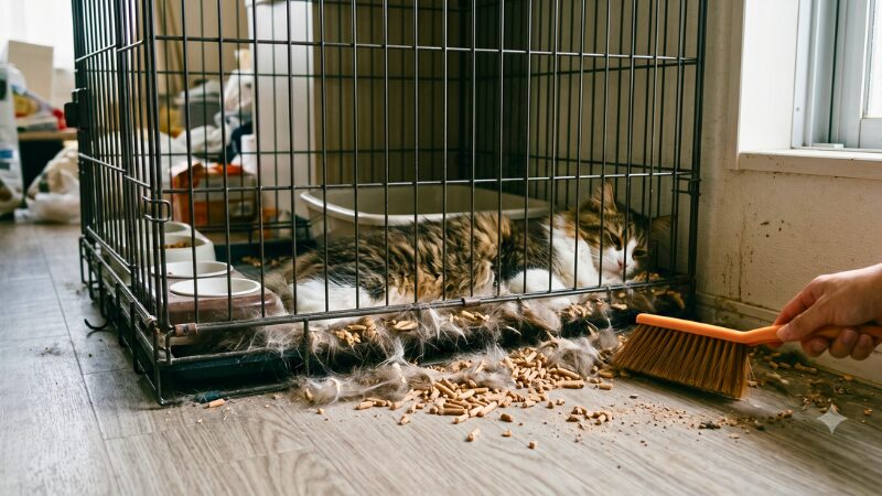 長毛特有の大量の抜け毛や散らばった猫砂がケージの奥に溜まっても、キャスターがないと固定されて動かせず、裏側の掃除が難しいイメージ画像