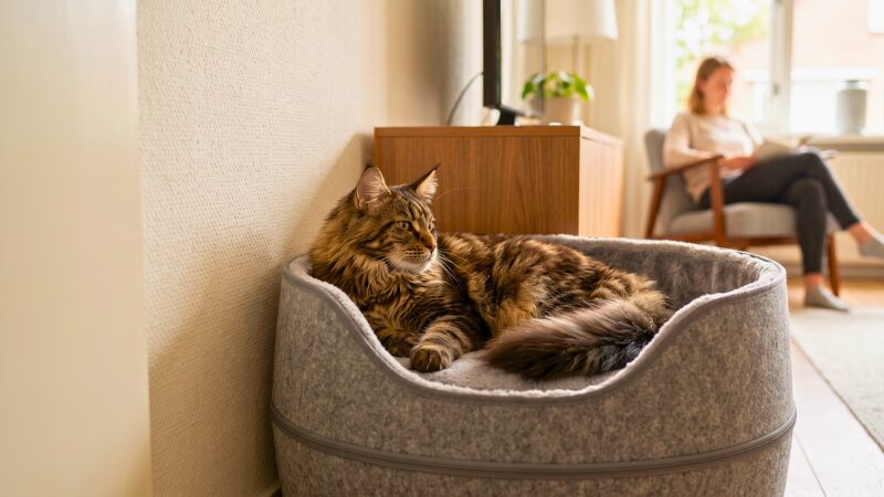 リビングの静かな隅（コーナー）に設置された内寸50cm以上のベッドの上で、リラックスして横たわるメインクーンの成猫。飼い主の存在を感じつつも、人の動線から外れた静かな場所が最適であることを示すためのイメージ写真