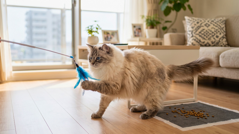 食後すぐに未消化のフードを吐き戻した直後もおもちゃで元気に遊ぶ大型長毛猫ラグドール